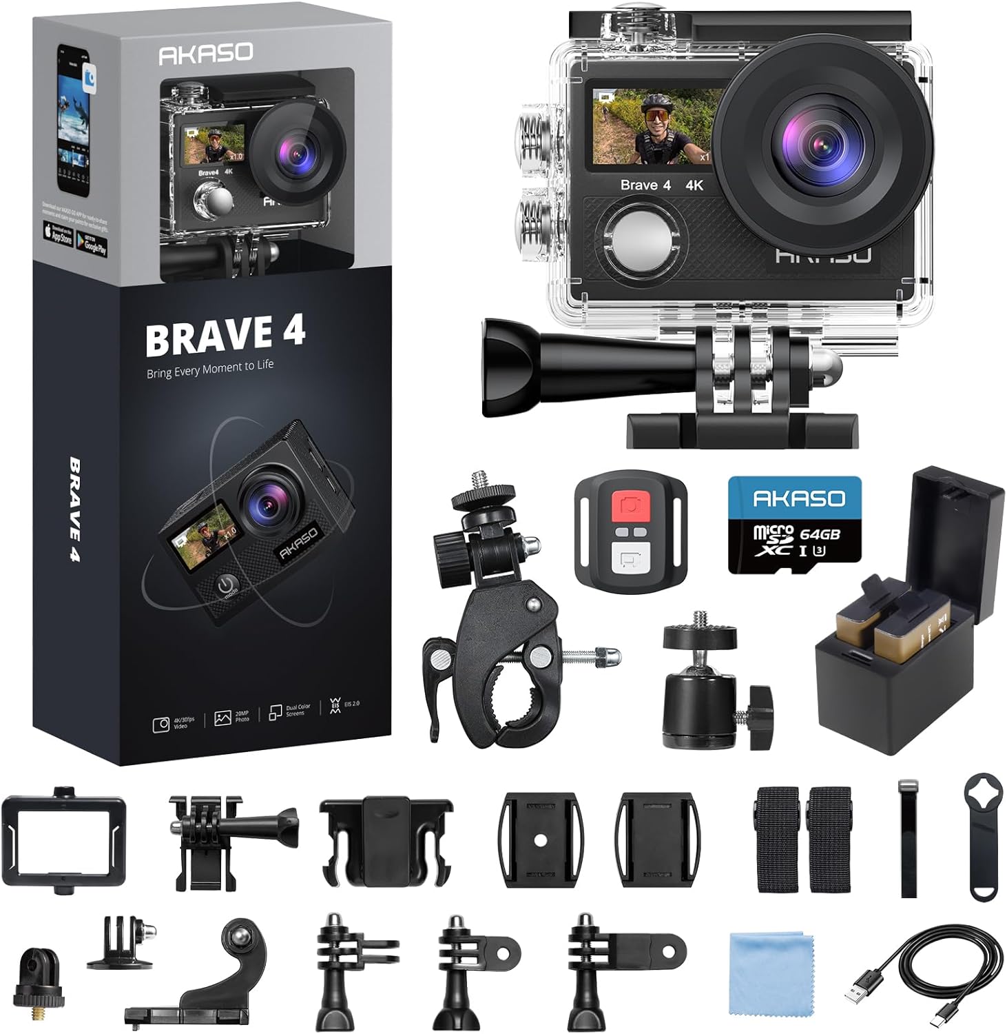 AKASO Brave 4 Action Camera 4K 30fps with 64GB MicroSD U3 Card Bicycle Helmet Accessories Kit Bundle, 20MP Ultra HD 131FT Waterproof Underwater Camera EIS WiFi Remote Control 5X Zoom Sport Cameras - Image 9