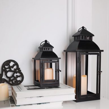 DECORKEY LED Lanterns Decorative Outdoor&Indoor, Set of 2 (17’’&11’’) Large Black Metal Lantern Decor with bronze brush, Candle Holder for Porch, Patio, Garden, Balcony, Wedding Decorations (No Glass)