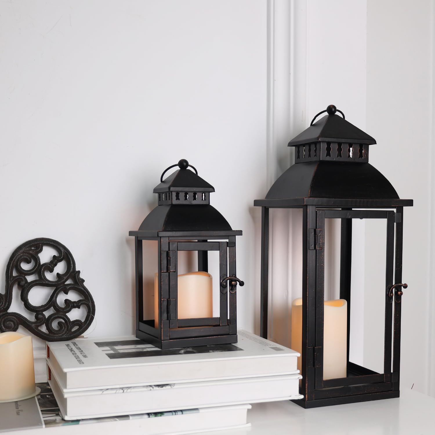 DECORKEY LED Lanterns Decorative Outdoor&Indoor, Set of 2 (17’’&11’’) Large Black Metal Lantern Decor with bronze brush, Candle Holder for Porch, Patio, Garden, Balcony, Wedding Decorations (No Glass)