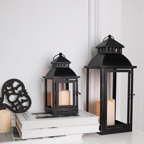 DECORKEY LED Lanterns Decorative Outdoor&Indoor, Set of 2 (17’’&11’’) Large Black Metal Lantern Decor with bronze brush, Candle Holder for Porch, Patio, Garden, Balcony, Wedding Decorations (No Glass) - Image 2