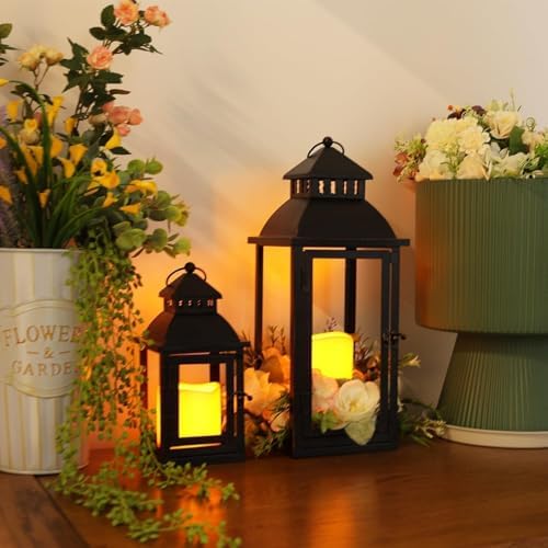 DECORKEY LED Lanterns Decorative Outdoor&Indoor, Set of 2 (17’’&11’’) Large Black Metal Lantern Decor with bronze brush, Candle Holder for Porch, Patio, Garden, Balcony, Wedding Decorations (No Glass) - Image 7