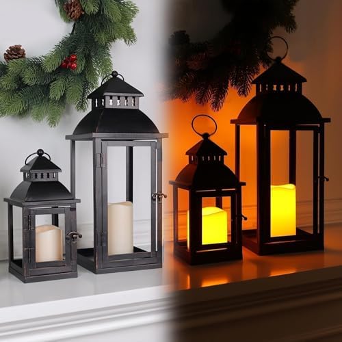 DECORKEY LED Lanterns Decorative Outdoor&Indoor, Set of 2 (17’’&11’’) Large Black Metal Lantern Decor with bronze brush, Candle Holder for Porch, Patio, Garden, Balcony, Wedding Decorations (No Glass) - Image 8