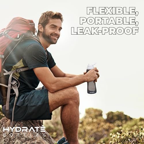 HYDRATE Collapsible Water Bottles for Travel - 17oz Foldable Pocket Bottle - Portable, Flexible, Compact Roll Up Bottles with Carabiner - Refillable Pouch for Hot and Cold Drinks (Black) - Image 3