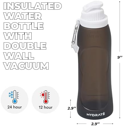 HYDRATE Collapsible Water Bottles for Travel - 17oz Foldable Pocket Bottle - Portable, Flexible, Compact Roll Up Bottles with Carabiner - Refillable Pouch for Hot and Cold Drinks (Black) - Image 4