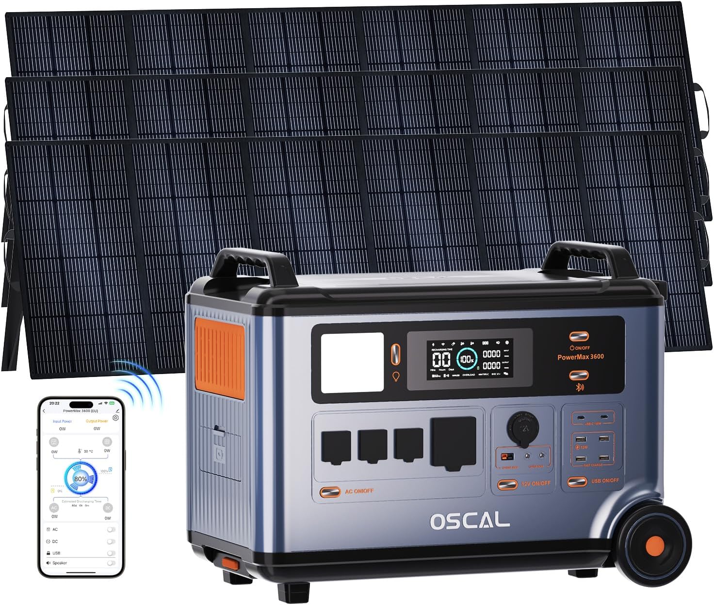 OSCAL PowerMax 3600 Solar Generator with 3x500W Solar Panel, 3600Wh/3600W Power Station with 4 AC Outlets (7200W Peak), 1.2H Full Charging, APP Control Emergency Power Station for Home, Camping 66